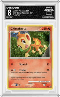 Chimchar from the 2007 Pokemon D&P set featuring a Diamond & Pearl Blister Pack parallel graded by Arena Club and given an overall grade of 8.