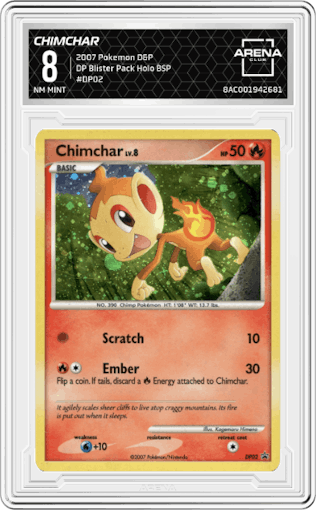 Chimchar from the 2007 Pokemon D&P set featuring a Diamond & Pearl Blister Pack parallel graded by Arena Club and given an overall grade of 8.