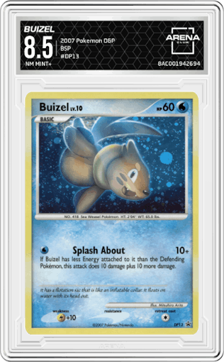 Buizel from the 2007 Pokemon D&P set graded by Arena Club and given an overall grade of 8.5.