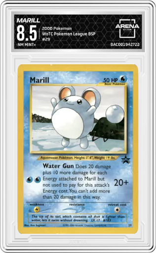 Marill from the 2000 Pokemon set featuring a Pokemon League parallel graded by Arena Club and given an overall grade of 8.5.