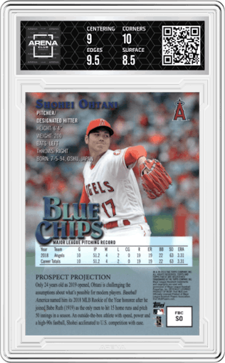 Shohei Ohtani from the 2019 Topps Finest  set graded by Arena Club and given an overall grade of 9.