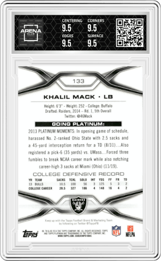 Khalil Mack from the 2014 Topps Platinum set graded by Arena Club and given an overall grade of 9.5.
