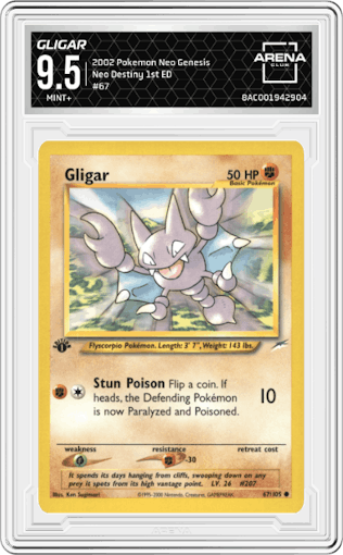 Gligar from the 2002 Pokemon Neo Genesis set graded by Arena Club and given an overall grade of 9.5.