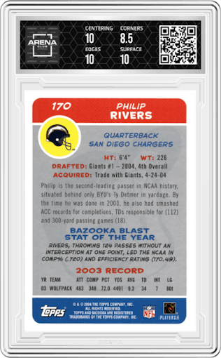 Philip Rivers from the 2004 Topps Bazooka set graded by Arena Club and given an overall grade of 9.