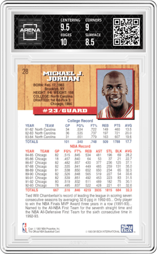 Michael Jordan from the 1993-94 NBA Hoops  set graded by Arena Club and given an overall grade of 9.