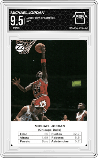 Michael Jordan from the 1988 Fournier Estrellas set graded by Arena Club and given an overall grade of 9.5.
