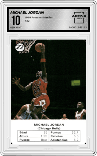 Michael Jordan from the 1988 Fournier Estrellas set graded by Arena Club and given an overall grade of 10.