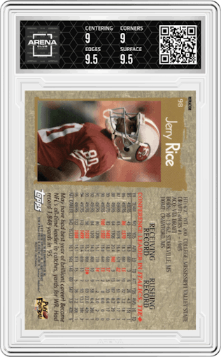 Jerry Rice from the 1996 Topps Chrome set featuring a Refractor parallel graded by Arena Club and given an overall grade of 9.5.