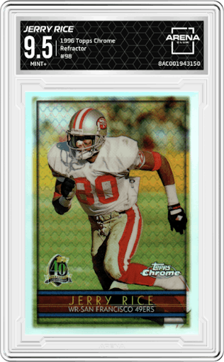 Jerry Rice from the 1996 Topps Chrome set featuring a Refractor parallel graded by Arena Club and given an overall grade of 9.5.