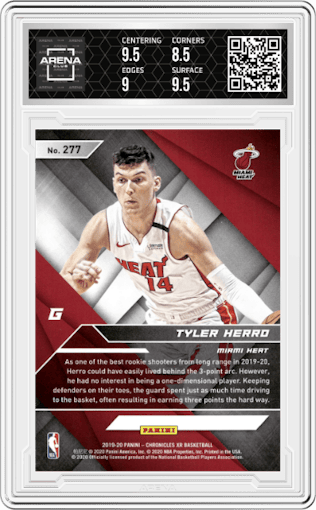 Tyler Herro from the 2019-20 Panini Chronicles  set graded by Arena Club and given an overall grade of 9.