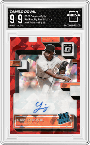 Camilo Doval from the 2022 Donruss Optic set featuring a Red Cracked Ice parallel graded by Arena Club and given an overall grade of 9.