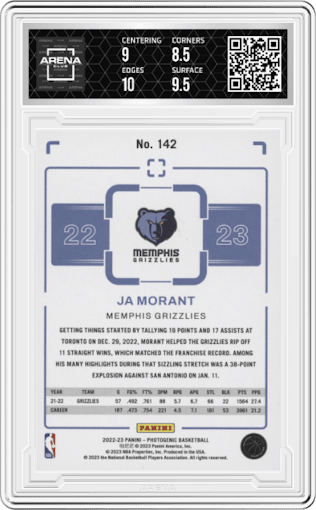 Ja Morant from the 2022-23 Panini Photogenic set graded by Arena Club and given an overall grade of 9.