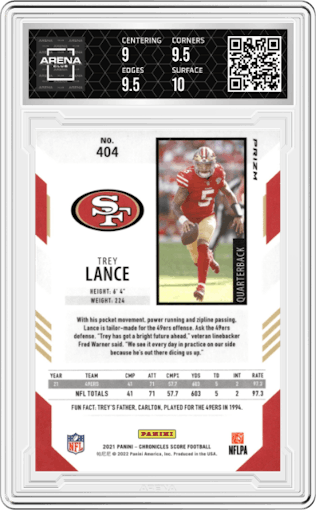 Trey Lance from the 2021 Panini Chronicles set featuring a Silver  parallel graded by Arena Club and given an overall grade of 9.5.