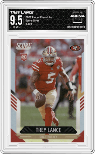 Trey Lance from the 2021 Panini Chronicles set featuring a Silver  parallel graded by Arena Club and given an overall grade of 9.5.