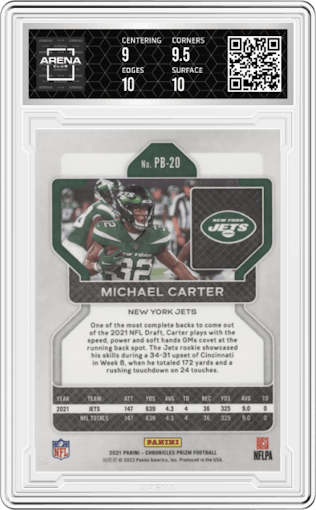 Michael Carter from the 2021 Panini Chronicles set graded by Arena Club and given an overall grade of 9.5.