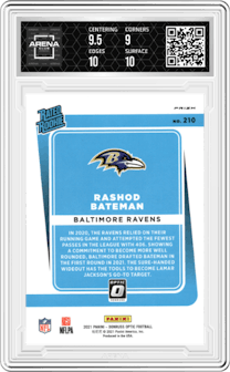 Rashod Bateman from the 2021 Panini Donruss Optic set featuring a Stars parallel graded by Arena Club and given an overall grade of 9.5.