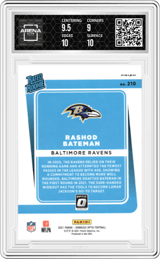 Rashod Bateman from the 2021 Panini Donruss Optic set featuring a Stars parallel graded by Arena Club and given an overall grade of 9.5.
