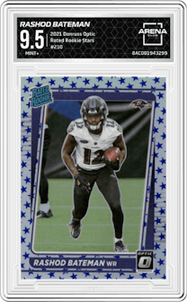 Rashod Bateman from the 2021 Panini Donruss Optic set featuring a Stars parallel graded by Arena Club and given an overall grade of 9.5.