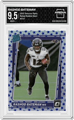 Rashod Bateman from the 2021 Panini Donruss Optic set featuring a Stars parallel graded by Arena Club and given an overall grade of 9.5.
