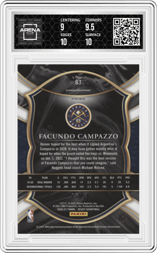 Facundo Campazzo from the 2020-21 Panini Select  set featuring a Industry Summit Pink  parallel graded by Arena Club and given an overall grade of 9.5.