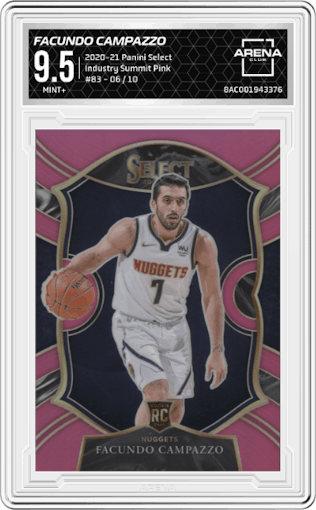 Facundo Campazzo from the 2020-21 Panini Select  set featuring a Industry Summit Pink  parallel graded by Arena Club and given an overall grade of 9.5.
