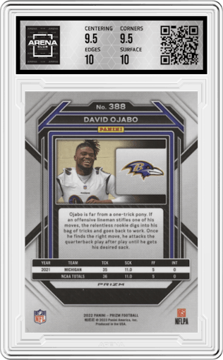 David Ojabo from the 2022 Panini Prizm set featuring a Silver Prizm parallel graded by Arena Club and given an overall grade of 10.