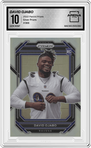David Ojabo from the 2022 Panini Prizm set featuring a Silver Prizm parallel graded by Arena Club and given an overall grade of 10.