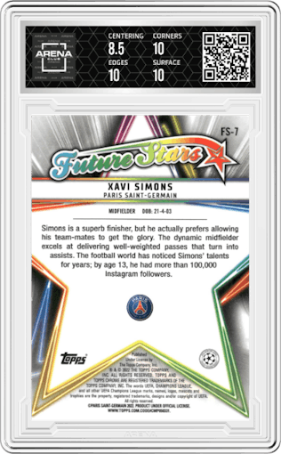 Xavi Simons from the 2021-22 Topps Chrome Sapphire Edition UEFA Champions League set graded by Arena Club and given an overall grade of 9.