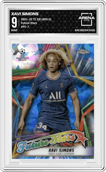 Xavi Simons from the 2021-22 Topps Chrome Sapphire Edition UEFA Champions League set graded by Arena Club and given an overall grade of 9.