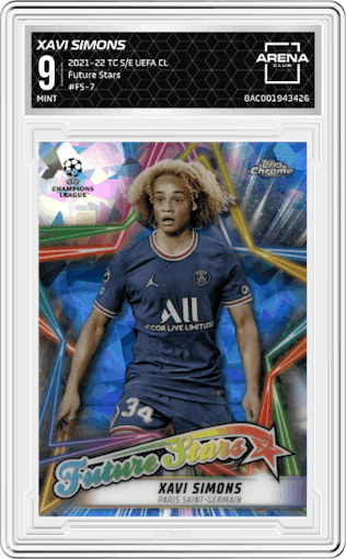 Xavi Simons from the 2021-22 Topps Chrome Sapphire Edition UEFA Champions League set graded by Arena Club and given an overall grade of 9.