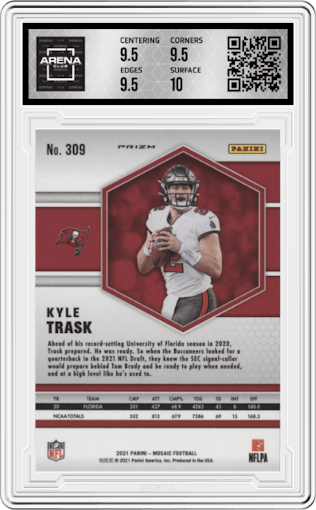 Kyle Trask from the 2021 Panini Mosaic set featuring a Green Mosaic parallel graded by Arena Club and given an overall grade of 10.