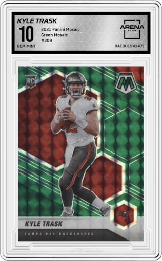 Kyle Trask from the 2021 Panini Mosaic set featuring a Green Mosaic parallel graded by Arena Club and given an overall grade of 10.
