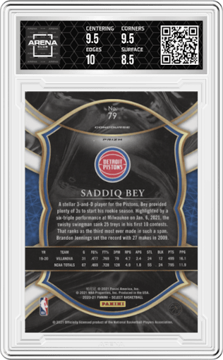 Saddiq Bey from the 2020-21 Panini Select  set featuring a Red/White/Orange Flash parallel graded by Arena Club and given an overall grade of 9.