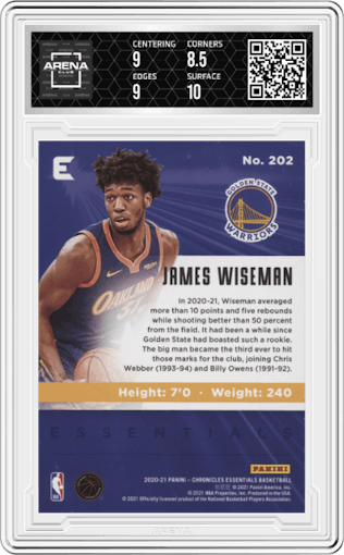 James Wiseman from the 2020-21 Panini Chronicles set featuring a Asia parallel graded by Arena Club and given an overall grade of 9.