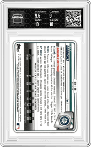 Julio Rodriguez from the 2020 Bowman Draft set featuring a Refractor parallel graded by Arena Club and given an overall grade of 9.5.