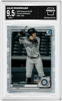 Julio Rodriguez from the 2020 Bowman Draft set featuring a Refractor parallel graded by Arena Club and given an overall grade of 9.5.
