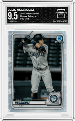 Julio Rodriguez from the 2020 Bowman Draft set featuring a Refractor parallel graded by Arena Club and given an overall grade of 9.5.