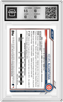 Kevin Alcantara from the 2021 Bowman Draft Sapphire Edition set graded by Arena Club and given an overall grade of 10.