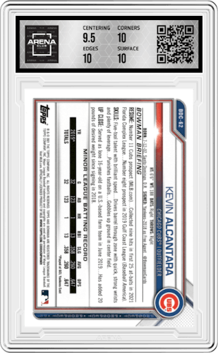 Kevin Alcantara from the 2021 Bowman Draft Sapphire Edition set graded by Arena Club and given an overall grade of 10.