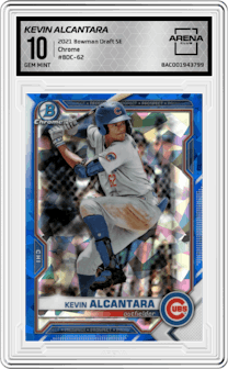 Kevin Alcantara from the 2021 Bowman Draft Sapphire Edition set graded by Arena Club and given an overall grade of 10.