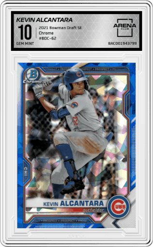 Kevin Alcantara from the 2021 Bowman Draft Sapphire Edition set graded by Arena Club and given an overall grade of 10.
