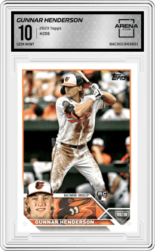 Gunnar Henderson from the 2023 Topps  set graded by Arena Club and given an overall grade of 10.