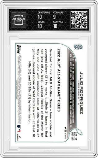 Julio Rodriguez from the 2022 Topps Update  set graded by Arena Club and given an overall grade of 9.5.