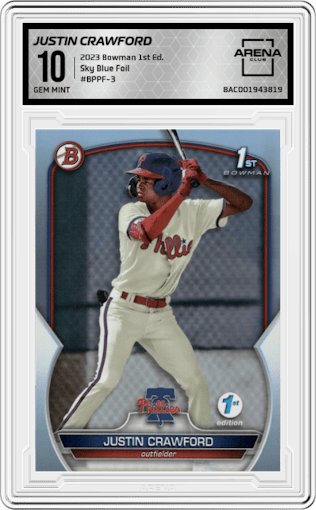 Justin Crawford from the 2023 Bowman 1st Edition  set featuring a Sky Blue Foil parallel graded by Arena Club and given an overall grade of 10.