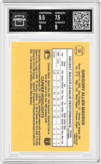 Greg Maddux from the 1987 Donruss set graded by Arena Club and given an overall grade of 8.