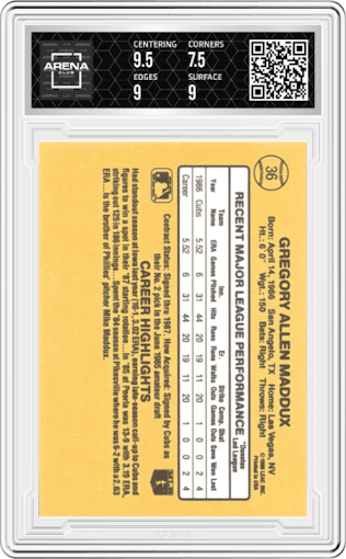 Greg Maddux from the 1987 Donruss set graded by Arena Club and given an overall grade of 8.