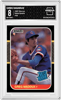 Greg Maddux from the 1987 Donruss set graded by Arena Club and given an overall grade of 8.