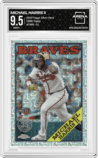 Michael Harris II from the 2023 Topps Silver Pack set graded by Arena Club and given an overall grade of 9.5.