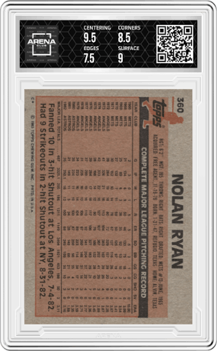 Nolan Ryan from the 1983 Topps set graded by Arena Club and given an overall grade of 8.