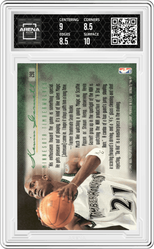 Kevin Garnett from the 1996-97 Fleer Ultra set graded by Arena Club and given an overall grade of 9.